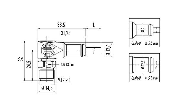 Scale drawing M12 Male angled connector, Contacts: 8, unshielded, moulded on the cable, IP67/IP69K, UL 2238, Ecolab, PVC, grey, 8 x 0.25 mm², stainless steel, 2 m