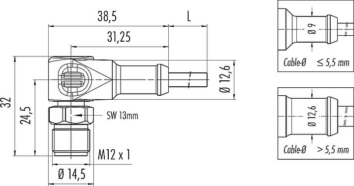 Dessin coté M12 Connecteur mâle coudé, Contacts: 12, non blindé, surmoulé sur le câble, IP67/IP69K, Ecolab, FDA conforme, TPE spécial, gris, 12 x 0,25 mm², Acier inoxydable, 10 m