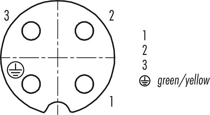 Disposition des contacts (Côté plug-in) RD24 Connecteur femelle, Contacts: 3+PE, 12,0-14,0 mm, non blindé, pince à visser, IP67, UL, ESTI+, VDE, PG 16