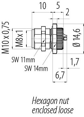 Scale drawing M8 Female panel mount connector, Contacts: 3, solder, IP67/IP69K, M10x0.75, Rear mounting, with solder cups