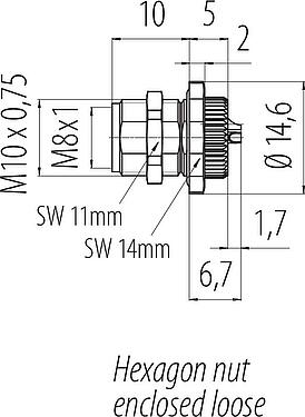 Dibujo a escala M8 Toma de brida, Número de contactos: 3, soldadura, IP67/IP69K, M10x0,75, Montaje en pared, con copas de soldadura