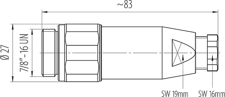 Dibujo a escala 7/8" Conector de cable macho, Número de contactos: 2+PE, 6,0-8,0 mm, sin blindaje, tornillo extraíble, IP67, UL 2238, VDE