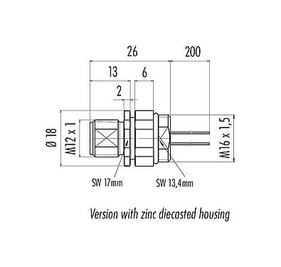 Scale drawing M12 Male panel mount connector, Contacts: 4, unshielded, single wires, IP68, UL 2238, M16x1.5, Front mounting, Positionable coding alignment