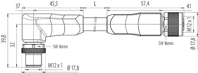 Dibujo a escala M12 Conector macho aangular - conector de cable hembra, Número de contactos: 4+FE, sin blindaje, moldeado en el cable, IP68, UL 2238, M12x1,0, TC-ER, TPE, amarillo, 5 x 1,50 mm², 2 m