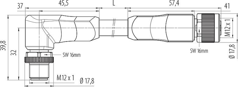Dibujo a escala M12 Conector macho aangular - conector de cable hembra, Número de contactos: 4+FE, sin blindaje, moldeado en el cable, IP68, UL 2238, M12x1,0, TC-ER, TPE, amarillo, 5 x 1,50 mm², 5 m