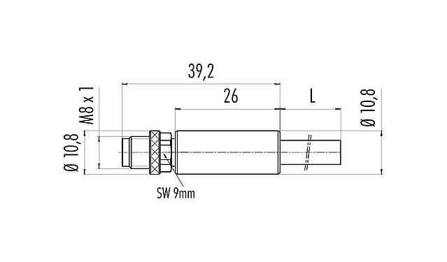 Scale drawing M8 Male cable connector, Contacts: 3, shielded, moulded on the cable, IP67, UL 2238, PUR, black, 3 x 0.34 mm², 5 m