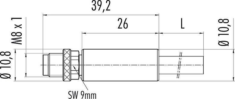 Scale drawing M8 Male cable connector, Contacts: 3, shielded, moulded on the cable, IP67, UL 2238, PUR, black, 3 x 0.34 mm², 2 m