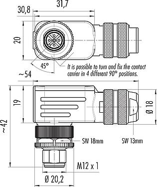 Scale drawing M12 Male angled connector, Contacts: 5, 4.0-6.0 mm, shieldable, screw clamp, IP67, UL 2238, with shielding ring