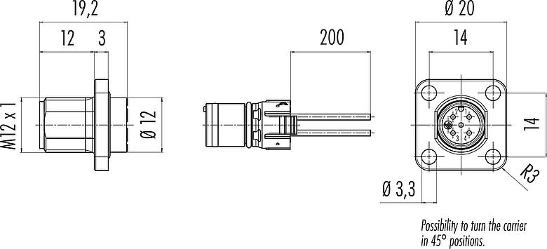 Dessin coté M12 Embase mâle, carré, Contacts: 5, non blindé, fils, IP69k, IP68, IP67, UL 2238, M3 (4x), Montage frontal, Boîtier carré 20 mm, Alignement de codage positionnable