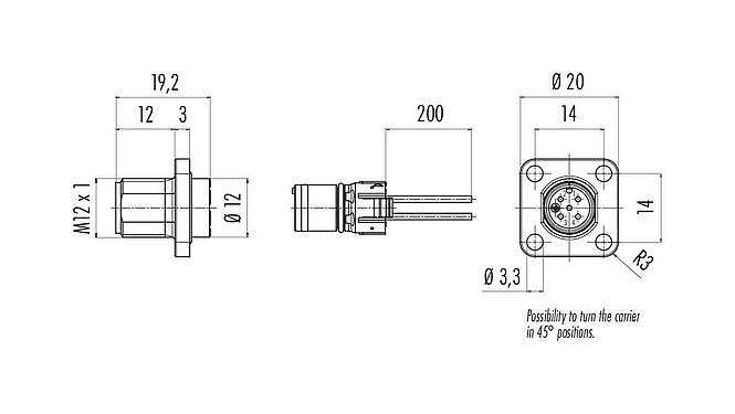Scale drawing M12 Square male panel mount connector, Contacts: 4, unshielded, single wires, IP69k, IP68, IP67, UL 2238, M3 (4x), Front mounting, Square housing 20 mm, Positionable coding alignment
