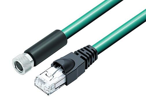 Illustration M8 Connecting cable female cable connector - RJ45 connector, Contacts: 4, shielded, molded/crimp, IP67, UL, Ethernet CAT5e, TPE, teal, 2 x 2 x AWG 24, 1 m