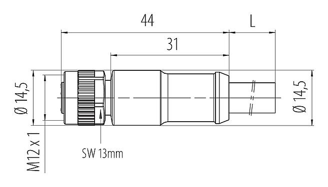 Dibujo a escala M12 Conector de cable hembra, Número de contactos: 2+PE, sin blindaje, moldeado en el cable, IP68, UL 2238, PUR, negro, 3 x 1,50 mm², 5 m