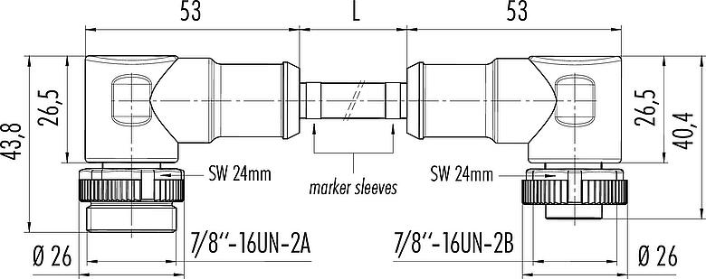 Dessin coté 7/8" Câble de raccordement connecteur mâle coudé - connecteur femelle coudé, Contacts: 2+PE, non blindé, surmoulé sur le câble, IP68, UL 2238, PUR, noir, 3 x 1,50 mm², 2 m