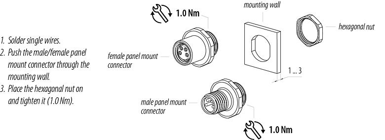 Assembly instructions M8 Female panel mount connector, Contacts: 3, solder, IP67/IP69K, M10x0.75, Front mounting, with solder cups