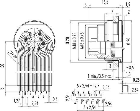 Connection & dimensions M16 Male panel mount connector, Contacts: 12 (12-a), unshielded, THT, IP67, M18x0,75, Rear mounting