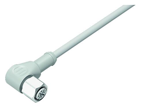 Illustration M12 Female angled connector, Contacts: 3, unshielded, moulded on the cable, IP67/IP69K, Ecolab, FDA compliant, Special TPE, grey, 3 x 0.34 mm², stainless steel, 5 m