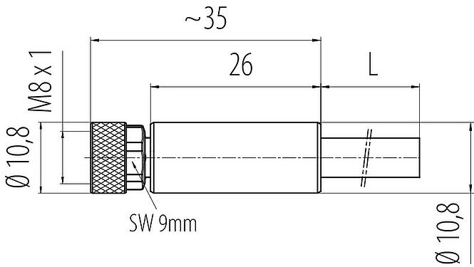 Scale drawing M8 Female cable connector, Contacts: 4, shielded, moulded on the cable, IP67/IP69K, M8x1.0, PUR, black, 4 x 0.34 mm², 2 m