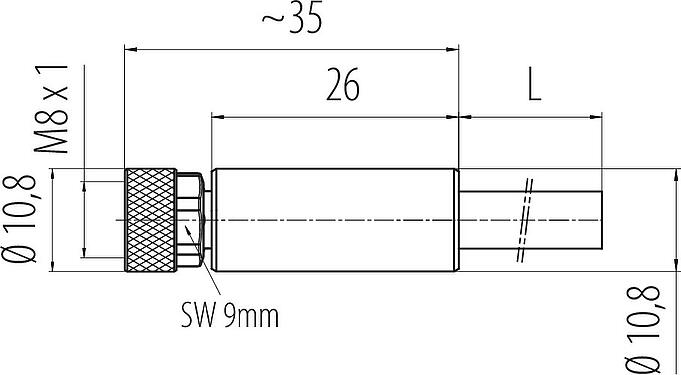 Dibujo a escala M8 Conector de cable hembra, Número de contactos: 3, blindado, moldeado en el cable, IP67/IP69K, M8x1,0, PUR, negro, 3 x 0,34 mm², 5 m