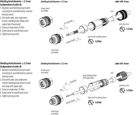 Instrucción de montaje M12 Conector de cable macho, Número de contactos: 4, 8,0-9,0 mm, blindable, tornillo extraíble, IP67, UL 2238, Pluma de iris