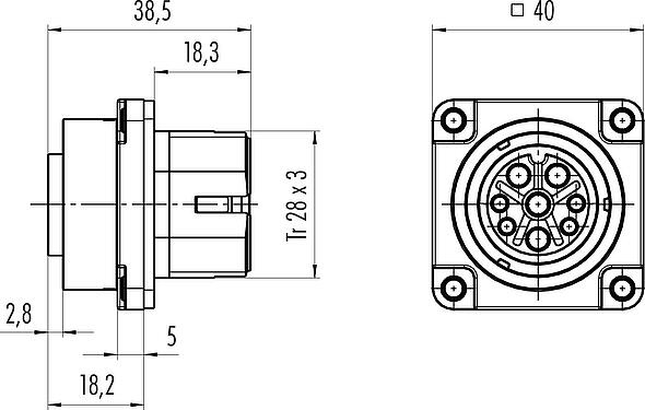 Scale drawing Bayonet Female panel mount connector, Contacts: 4+PE, unshielded, crimping (Crimp contacts must be ordered separately), IP68/IP69K, UL 2238, VDE, Front mounting, UV resistant