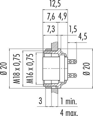 Scale drawing M16 Female panel mount connector, Contacts: 5 (05-a), unshielded, solder, IP40, M18x0,75, Rear mounting