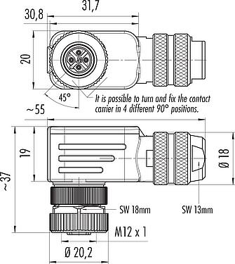 Dibujo a escala M12 Conector hembra en ángulo, Número de contactos: 4, 6,0-8,0 mm, blindable, tornillo extraíble, IP67, UL 2238, Pluma de iris