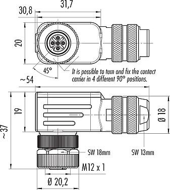 Scale drawing M12 Female angled connector, Contacts: 5, 6.0-8.0 mm, shieldable, screw clamp, IP67, UL 2238, with shielding ring