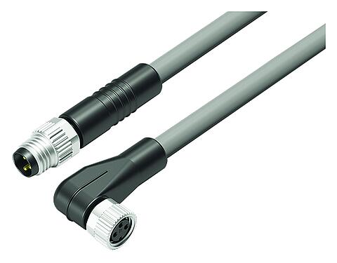 Illustration M8 Connecting cable male cable connector - female angled connector, Contacts: 3, unshielded, moulded on the cable, IP67/IP69K, UL 2238, PVC, grey, 3 x 0.34 mm², 0.6 m