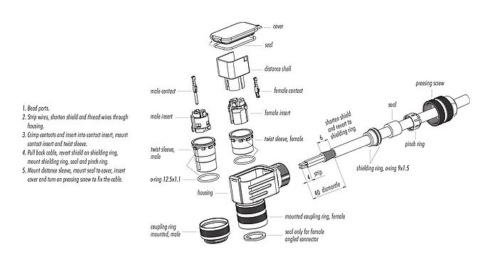 Assembly instructions M16 Female angled connector, Contacts: 4 (04-a), 6.0-8.0 mm, shieldable, crimping (Crimp contacts must be ordered separately), IP67, UL 2238