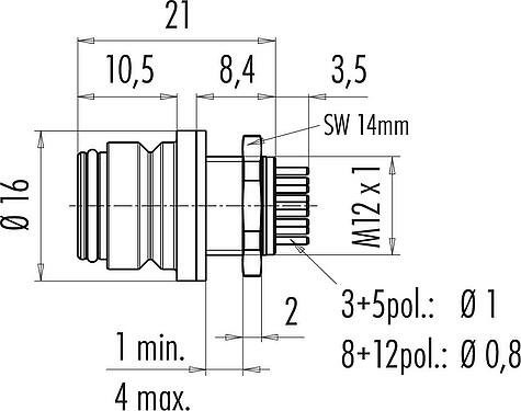 Scale drawing Snap-In Female panel mount connector, Contacts: 3, unshielded, THT, IP67, M12x1.0, Front mounting