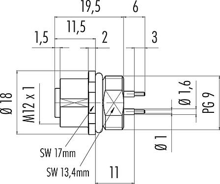 Dibujo a escala M12 Toma de brida, Número de contactos: 4, sin blindaje, THT, IP67, UL 2238, PG 9, Montaje frontal