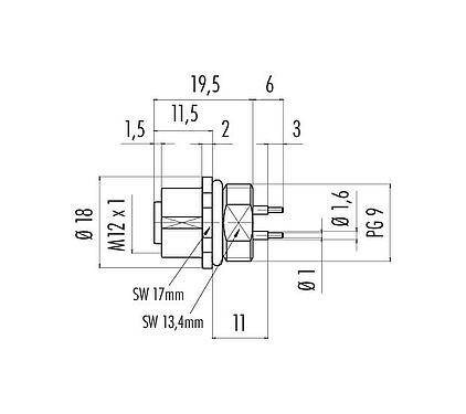 Dibujo a escala M12 Toma de brida, Número de contactos: 4, sin blindaje, THT, IP67, UL 2238, PG 9, Montaje frontal