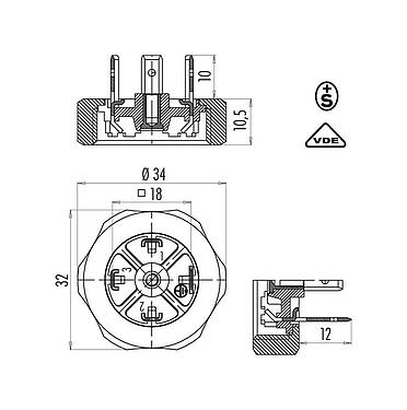 Scale drawing Male power connector, Contacts: 3+PE, unshielded, solder, IP40 without seal, VDE, ESTI+, Union nut