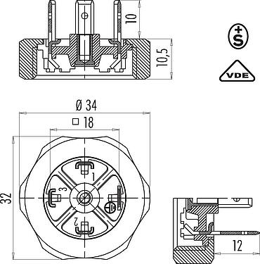 Dessin coté Embase mâle pour appareils, Contacts: 2+PE, non blindé, souder, IP40 sans joint, VDE, ESTI+