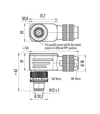 Dessin coté M12 Connecteur mâle coudé, Contacts: 12, 6,0-8,0 mm, blindable, souder, IP67, UL 2238, avec anneau de protection