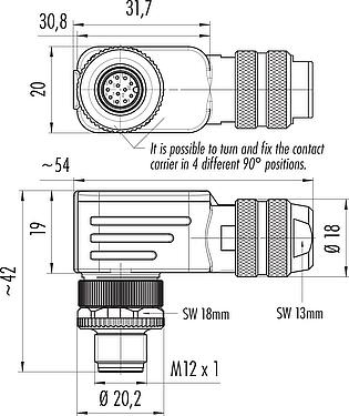 Scale drawing M12 Male angled connector, Contacts: 12, 6.0-8.0 mm, shieldable, solder, IP67, UL 2238, with shielding ring