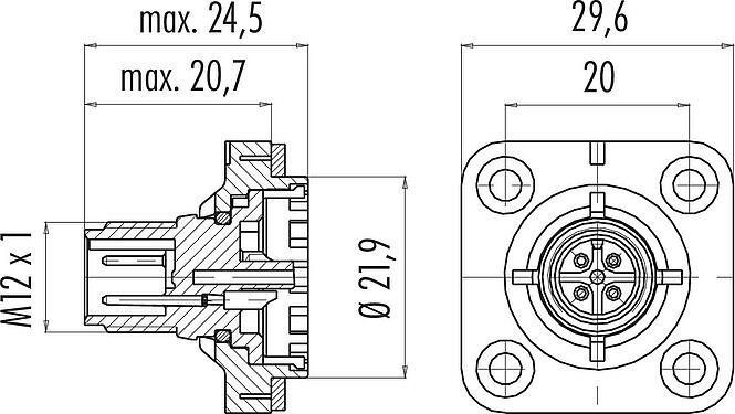 Dibujo a escala M12 Conector de montaje en panel macho cuadrado, Número de contactos: 4, sin blindaje, soldadura, IP40, M3 (4x), Montaje frontal, Alineación de codificación posicionable