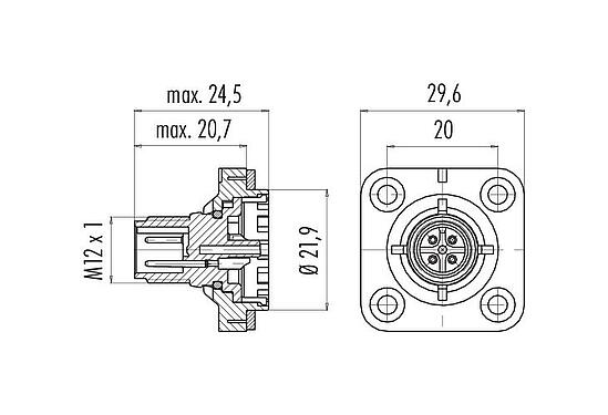 Dessin coté M12 Embase mâle, carré, Contacts: 5, non blindé, souder, IP40, M3 (4x), Montage frontal, Alignement de codage positionnable