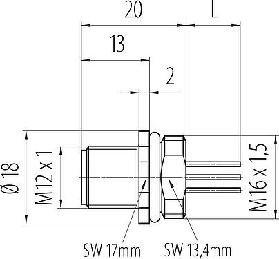 Dibujo a escala M12 Enchufe de brida, Número de contactos: 4, sin blindaje, hilos, IP67, UL 2238, M16x1,5, Montaje frontal