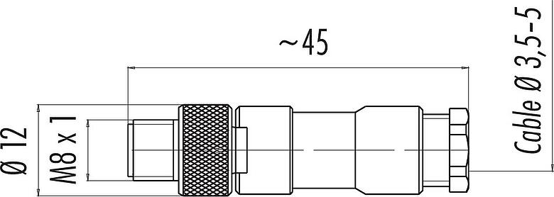Scale drawing M8 Male cable connector, Contacts: 4, 3.5-5.0 mm, unshielded, solder, IP67, UL 2238