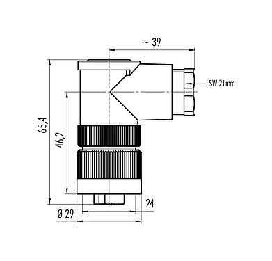 Scale drawing RD24 Female angled connector, Contacts: 6+PE, 10.0-12.0 mm, unshielded, crimping (Crimp contacts must be ordered separately), IP67, UL, ESTI+, VDE, PG 13.5