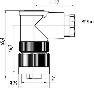 Dessin coté RD24 Connecteur femelle coudé, Contacts: 6+PE, 10,0-12,0 mm, non blindé, sertir (Les contacts à sertir doivent être commandés séparément), IP67, UL, ESTI+, VDE, PG 13,5