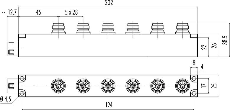 Scale drawing Snap-In 6-way distributor, Contacts: 3, unshielded, pluggable, IP67