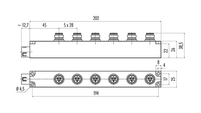 Scale drawing Snap-In 6-way distributor, Contacts: 3, unshielded, pluggable, IP67