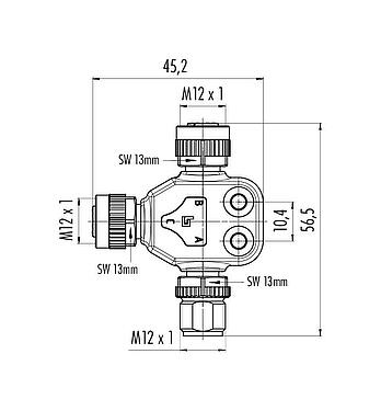 Scale drawing M12 Twin distributors, T-distributor, male connector - 2 female connector, Contacts: 4, unshielded, pluggable, IP68, UL 2238