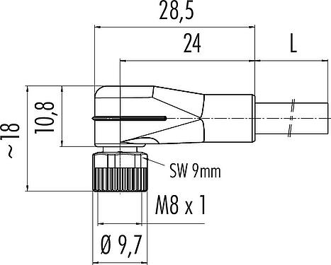 Dessin coté M8 Connecteur femelle coudé, Contacts: 4, non blindé, surmoulé sur le câble, IP67/IP69K, UL 2238, PLTC, TPE-E, jaune, 4 x AWG 22, 10 m