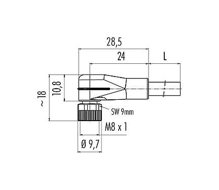 Scale drawing M8 Female angled connector, Contacts: 5, unshielded, moulded on the cable, IP67/IP69K, UL 2238, PVC, grey, 5 x 0.34 mm², 2 m