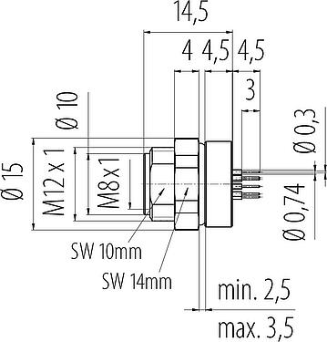 Dibujo a escala M8 Toma de brida, Número de contactos: 12, sin blindaje, THT, IP67/IP69K, UL 2238, M10x0,75, Montaje en pared, atornillable desde el frente, moldeado