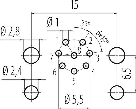 Disposición del conductor M12 Toma de brida, Número de contactos: 8, sin blindaje, THR, IP68, UL 2238, M12x1,0, Montaje frontal, para montaje de PCB