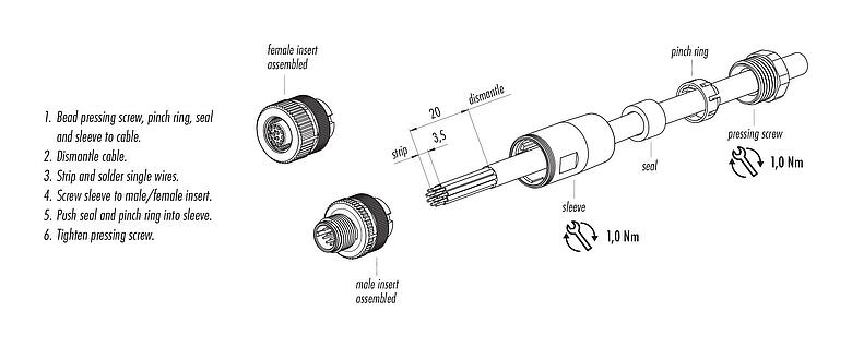 Instrucción de montaje M12 Conector de cable hembra, Número de contactos: 12, 6,0-8,0 mm, sin blindaje, soldadura, IP67, UL 2238